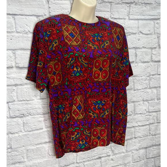 Vintage Christie & Jill Short Sleeve Silk Blouse Red Loud Print 90s Keyhole M - Picture 2 of 7